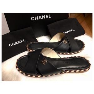 Chanel Cruise Lambskin Leather Crossover Slide Sandals